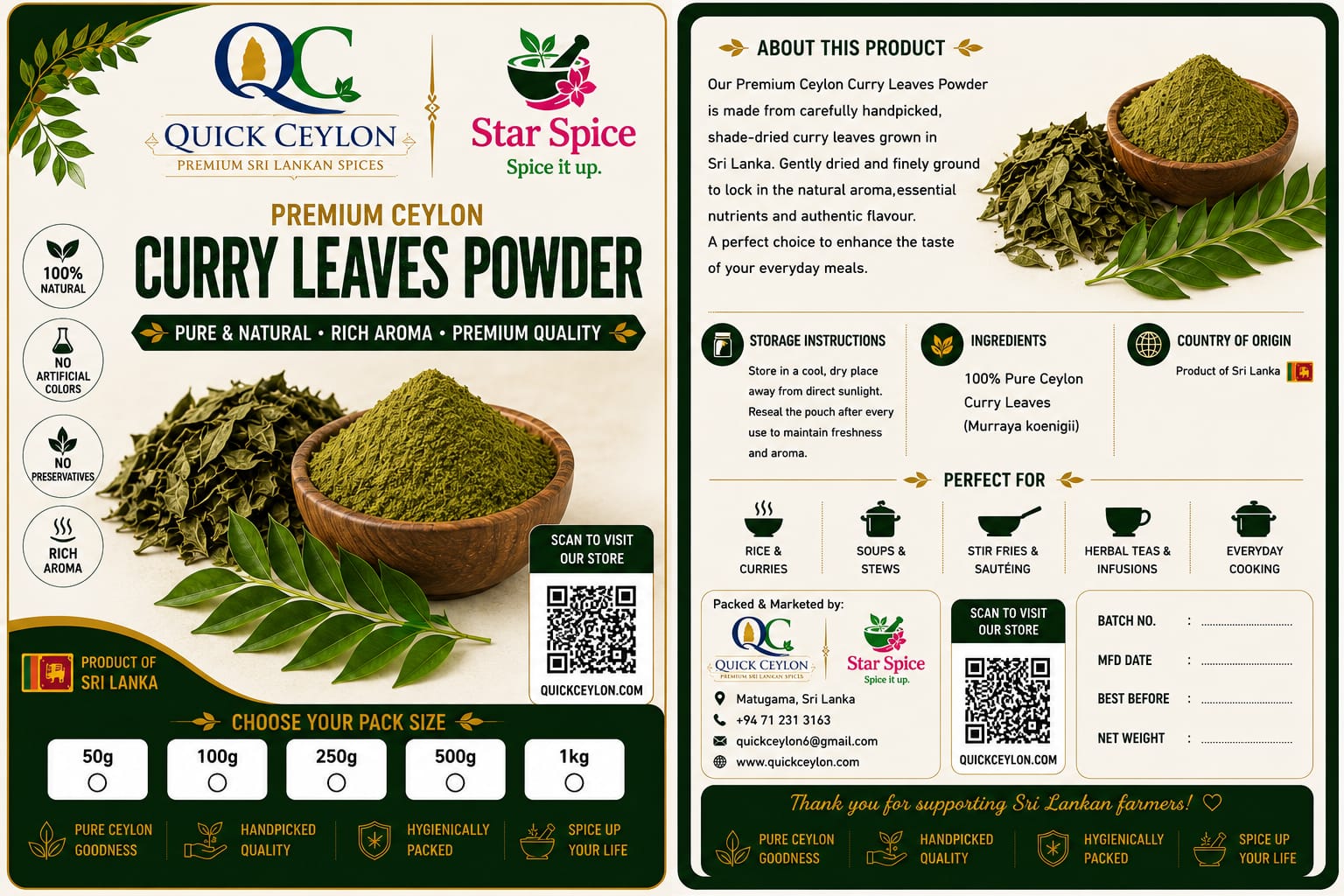 Ceylon Curry Leaves Powder | Shade-Dried & Pure | Quick Ceylon
