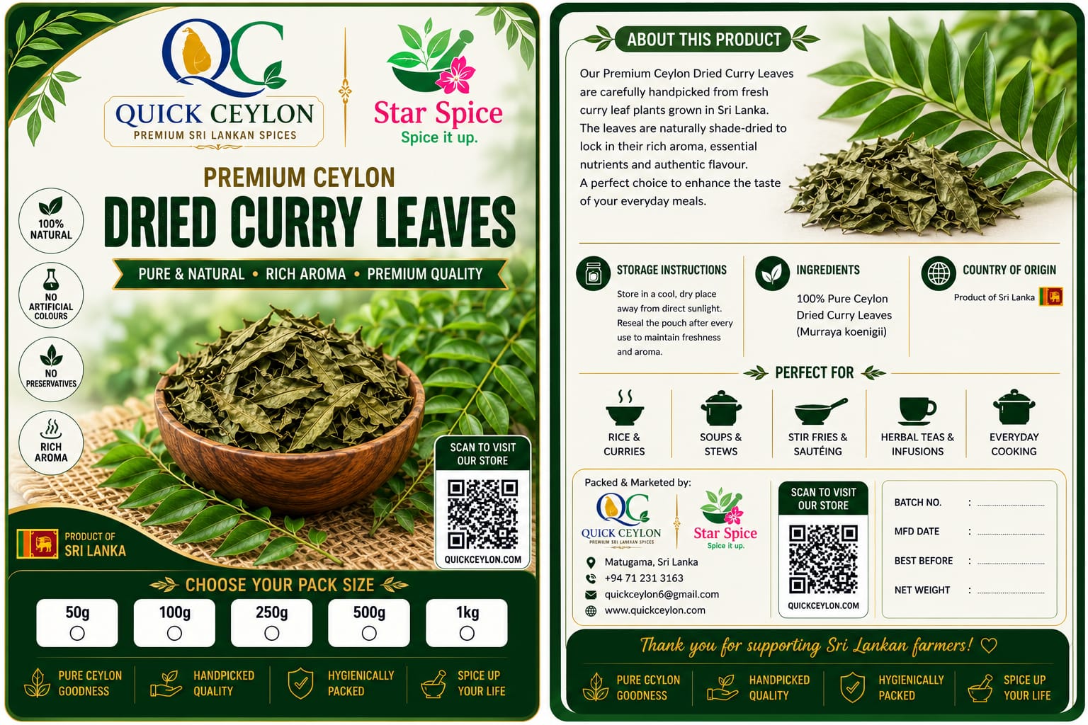 Ceylon Dried Curry Leaves | Sun-Dried & Aromatic | Quick Ceylon